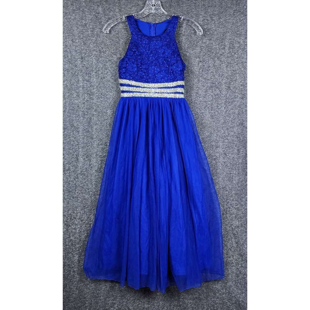 Xtraordinary Gownโ Women 10 Royal Blue Lace Tulle Sequin Waist Halter Maxi Dress